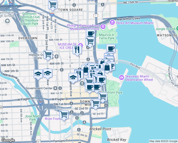 map of restaurants, bars, coffee shops, grocery stores, and more near 425 Northeast 2nd Avenue in Miami