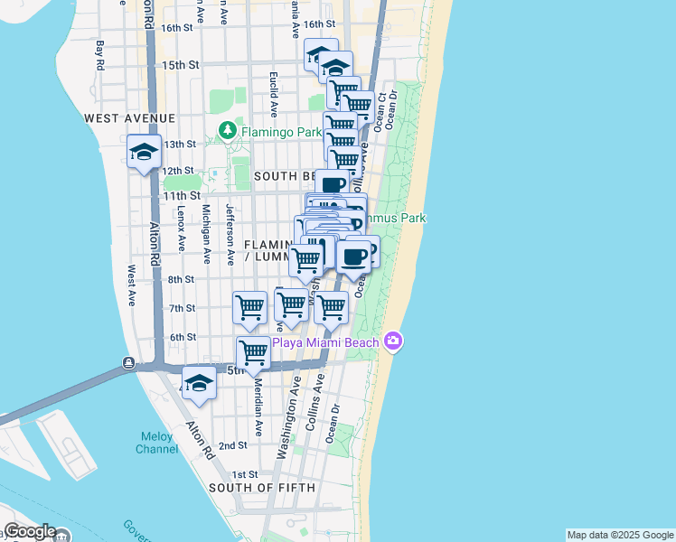 map of restaurants, bars, coffee shops, grocery stores, and more near 820 Jimmy Buffett Memorial Highway in Miami Beach