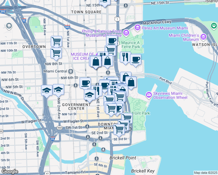 map of restaurants, bars, coffee shops, grocery stores, and more near 425 Northeast 2nd Avenue in Miami