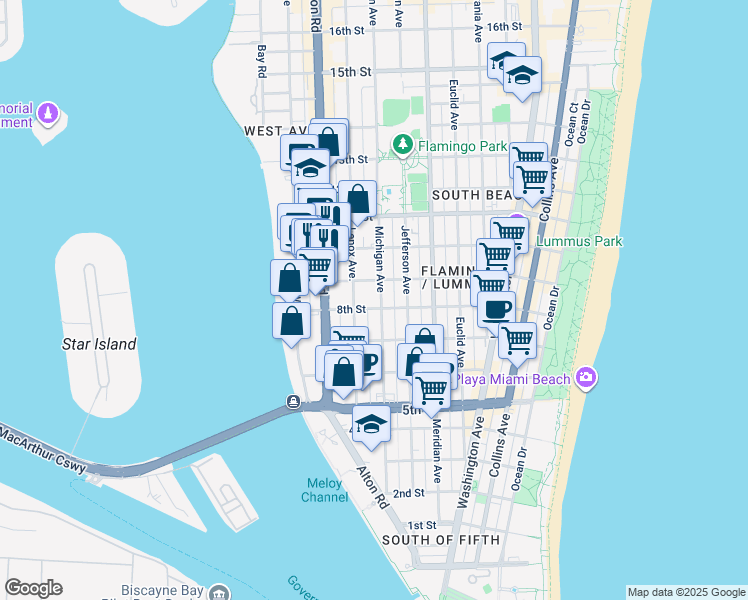 map of restaurants, bars, coffee shops, grocery stores, and more near in Miami Beach
