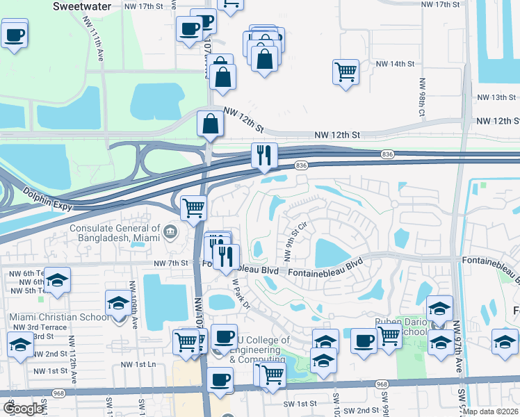 map of restaurants, bars, coffee shops, grocery stores, and more near 917 Northwest 104 Avenue in Miami