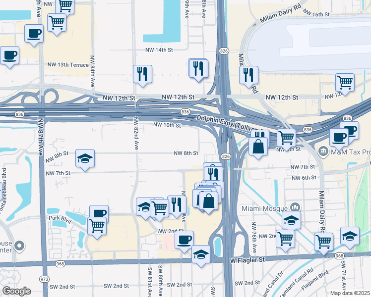 map of restaurants, bars, coffee shops, grocery stores, and more near 960 Northwest 78th Avenue in Miami