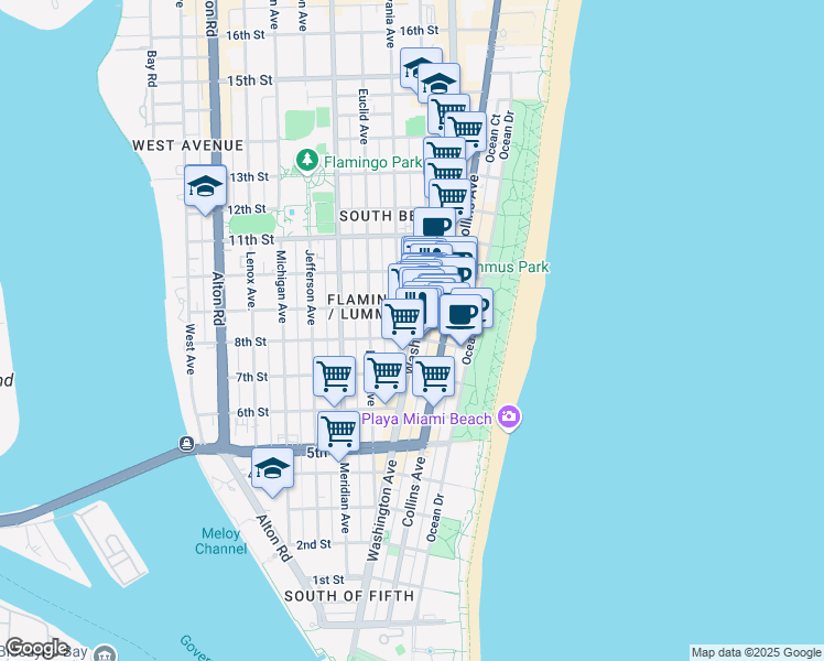 map of restaurants, bars, coffee shops, grocery stores, and more near 820 Jimmy Buffett Memorial Highway in Miami Beach