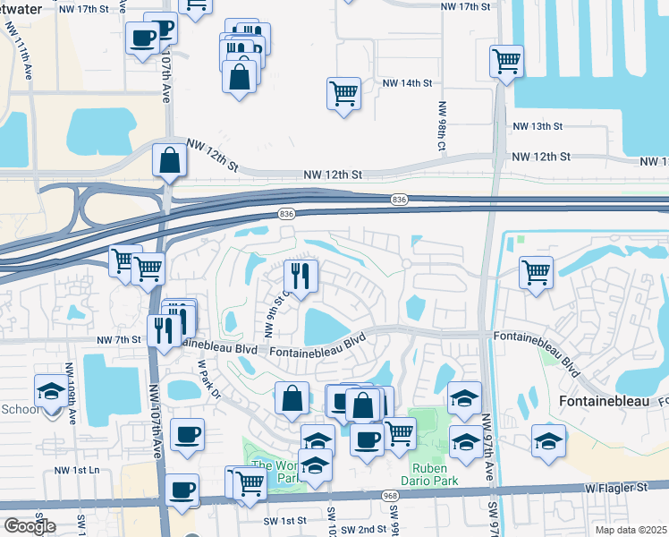 map of restaurants, bars, coffee shops, grocery stores, and more near 10155 Northwest 9th Street Circle in Miami