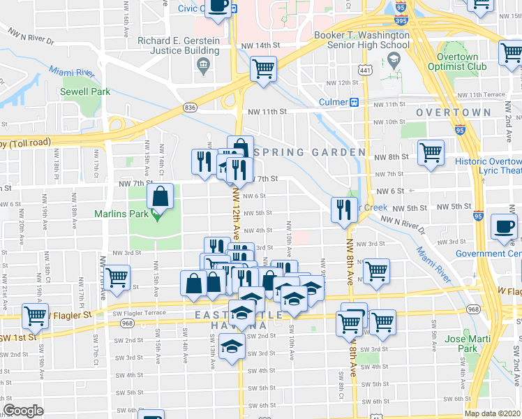 map of restaurants, bars, coffee shops, grocery stores, and more near 1142 Northwest 6 Street in Miami