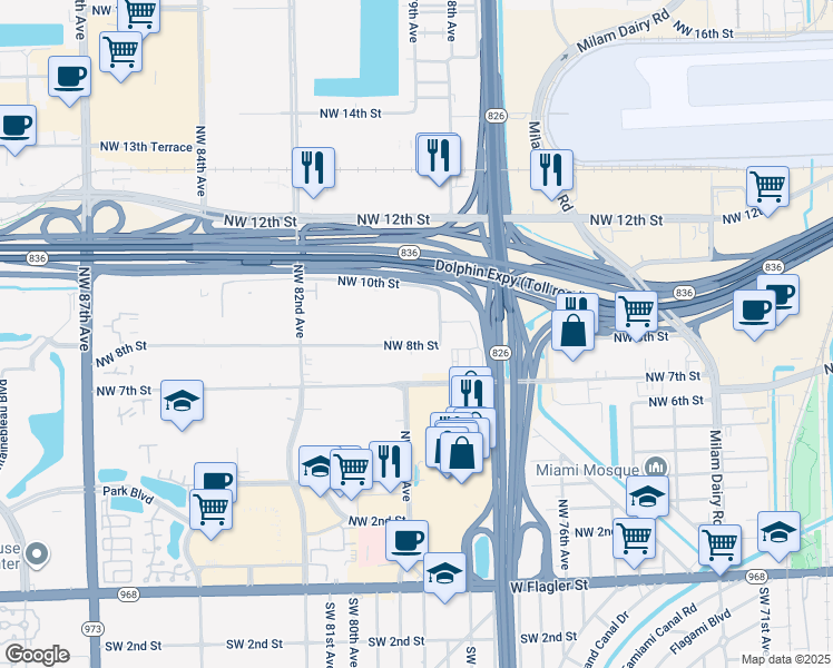 map of restaurants, bars, coffee shops, grocery stores, and more near 960 Northwest 78th Avenue in Miami