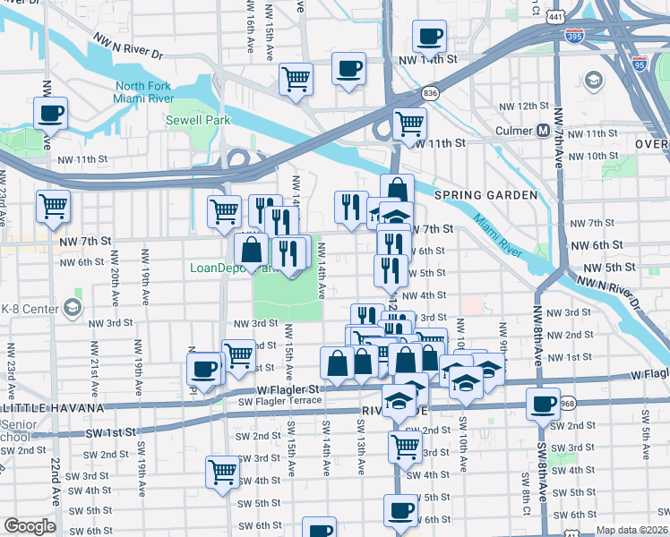 map of restaurants, bars, coffee shops, grocery stores, and more near 1318 Northwest 6 Street in Miami
