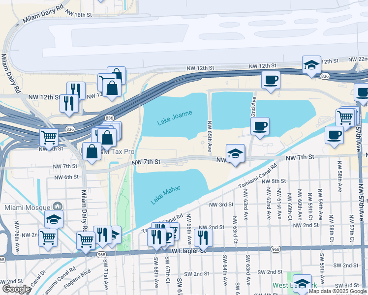 map of restaurants, bars, coffee shops, grocery stores, and more near 6605 Northwest 7th Street in Miami