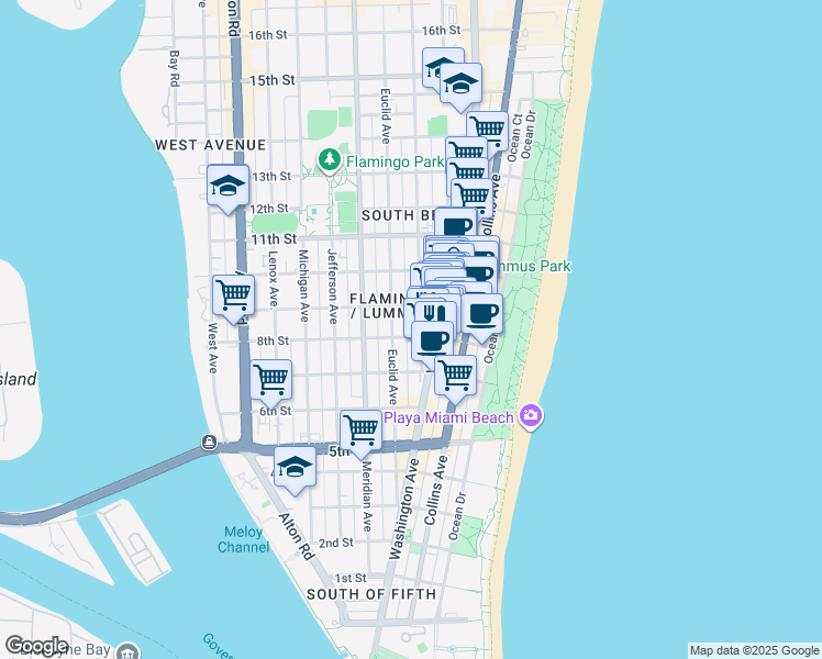 map of restaurants, bars, coffee shops, grocery stores, and more near in Miami Beach