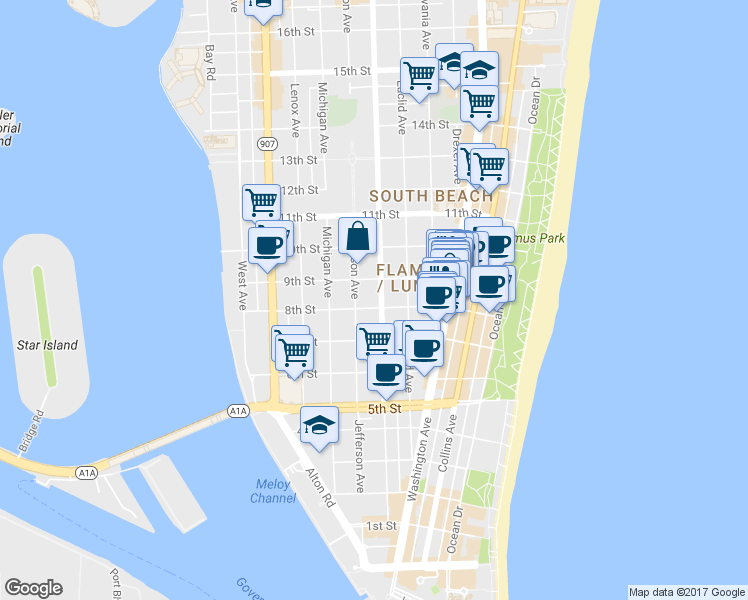 map of restaurants, bars, coffee shops, grocery stores, and more near in Miami Beach