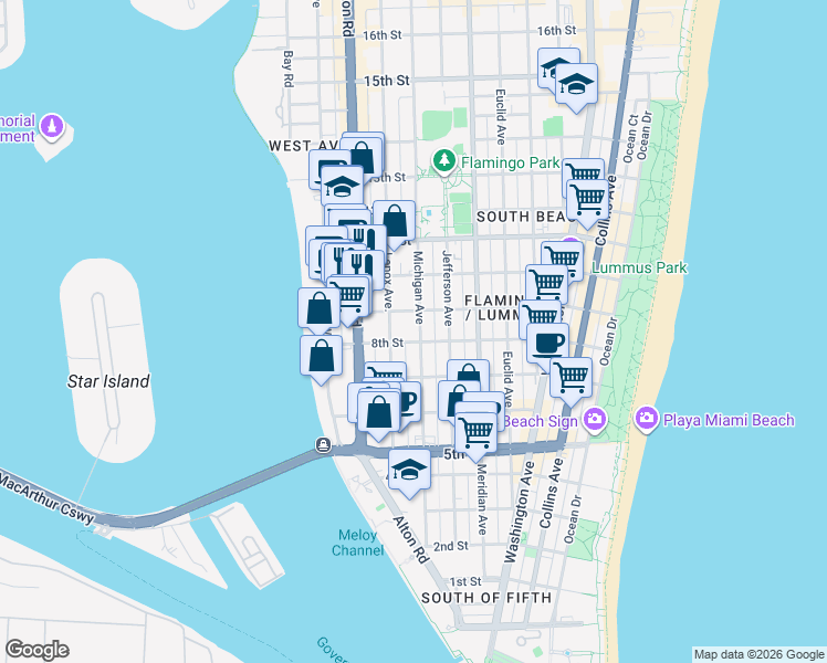 map of restaurants, bars, coffee shops, grocery stores, and more near in Miami Beach