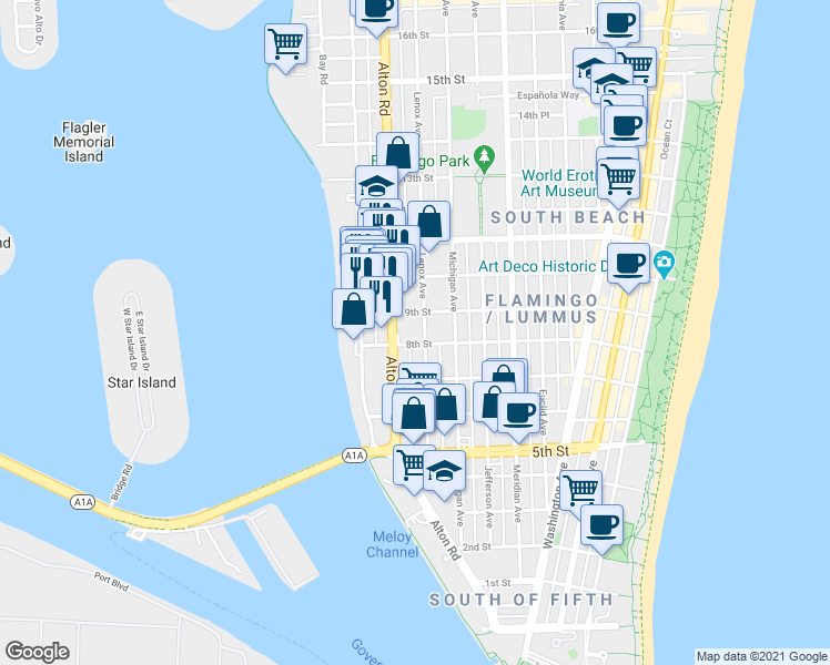 map of restaurants, bars, coffee shops, grocery stores, and more near 835 Alton Road in Miami Beach