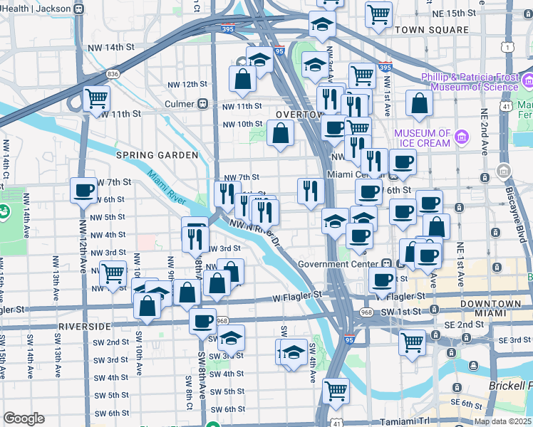 map of restaurants, bars, coffee shops, grocery stores, and more near in Miami