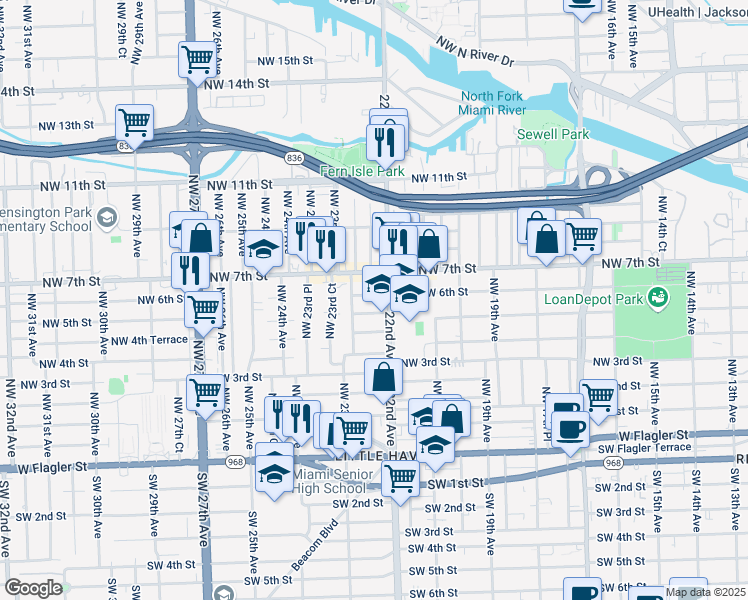 map of restaurants, bars, coffee shops, grocery stores, and more near 2237 Northwest 6 Street in Miami