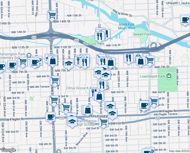 map of restaurants, bars, coffee shops, grocery stores, and more near 2237 Northwest 6 Street in Miami