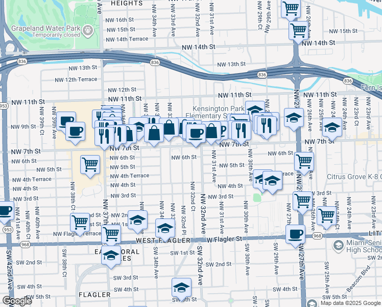 map of restaurants, bars, coffee shops, grocery stores, and more near 3240 Northwest 7th Street in Miami