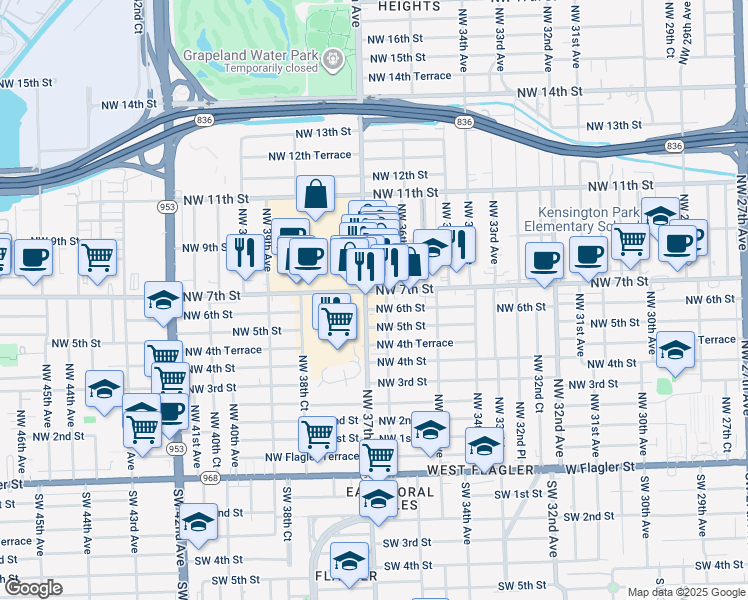 map of restaurants, bars, coffee shops, grocery stores, and more near in Miami