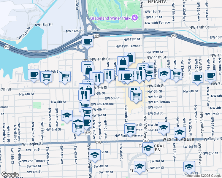 map of restaurants, bars, coffee shops, grocery stores, and more near 3925 Northwest 7th Street in Miami