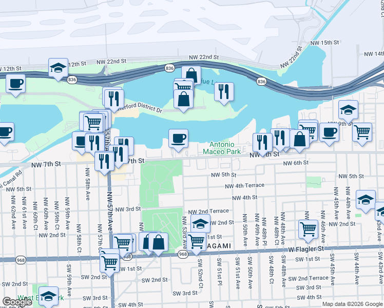 map of restaurants, bars, coffee shops, grocery stores, and more near 5249 Northwest 7th Street in Miami