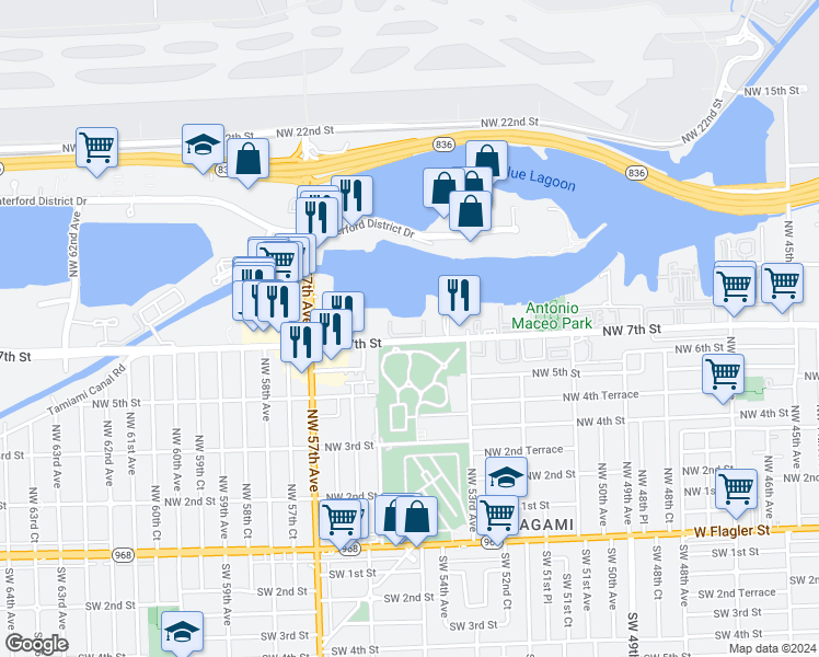 map of restaurants, bars, coffee shops, grocery stores, and more near 5501 Northwest 7th Street in Miami