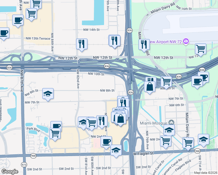 map of restaurants, bars, coffee shops, grocery stores, and more near 960 Northwest 78th Avenue in Miami
