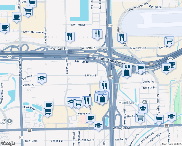 map of restaurants, bars, coffee shops, grocery stores, and more near 960 Northwest 78th Avenue in Miami