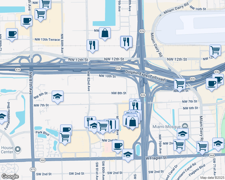 map of restaurants, bars, coffee shops, grocery stores, and more near 8027 Northwest 8th Street in Miami