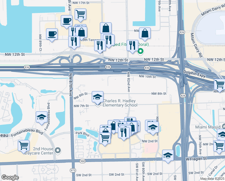 map of restaurants, bars, coffee shops, grocery stores, and more near 8340 Northwest 10th Street in Miami