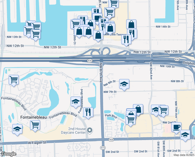 map of restaurants, bars, coffee shops, grocery stores, and more near 854 Northwest 87th Avenue in Doral