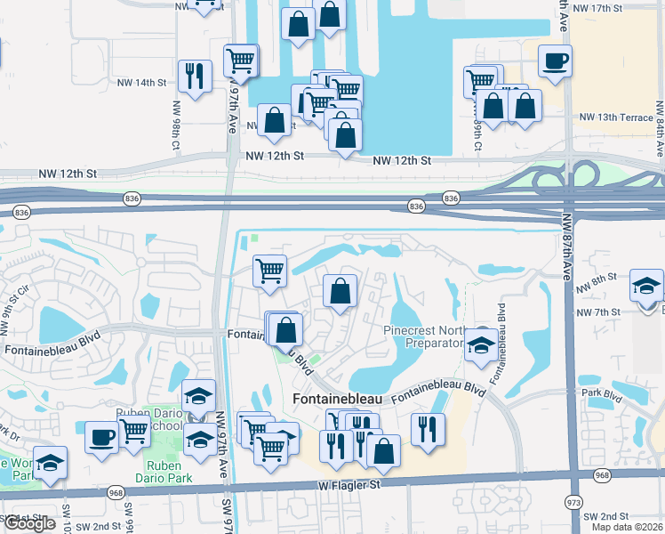 map of restaurants, bars, coffee shops, grocery stores, and more near 9425 Fontainebleau Boulevard in Miami