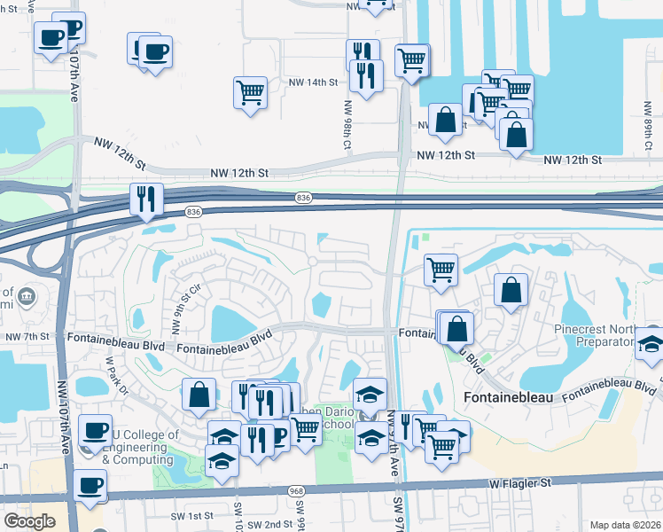 map of restaurants, bars, coffee shops, grocery stores, and more near 9826 Northwest 10th Street in Miami
