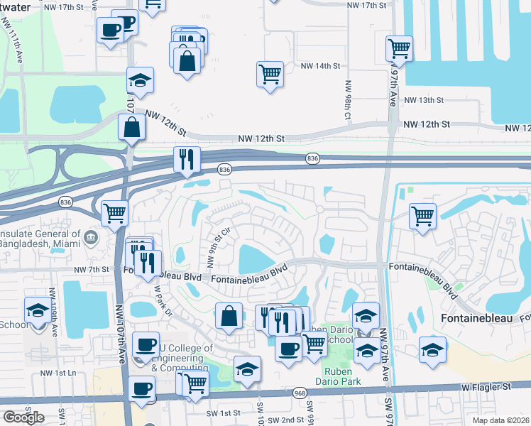 map of restaurants, bars, coffee shops, grocery stores, and more near 10155 Northwest 9th Street Circle in Miami