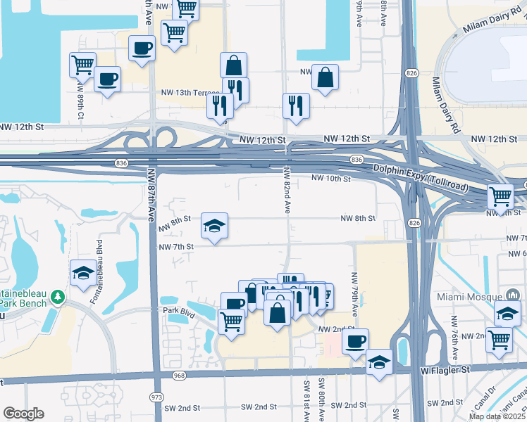 map of restaurants, bars, coffee shops, grocery stores, and more near 8231 Northwest 82nd Avenue in Miami