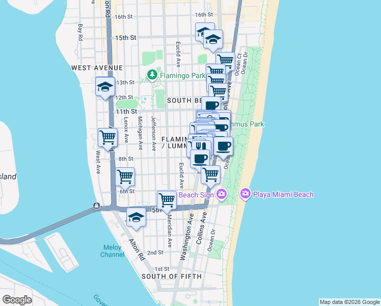 map of restaurants, bars, coffee shops, grocery stores, and more near in Miami Beach