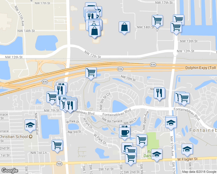 map of restaurants, bars, coffee shops, grocery stores, and more near 10257 Northwest 9th Street Circle in Miami