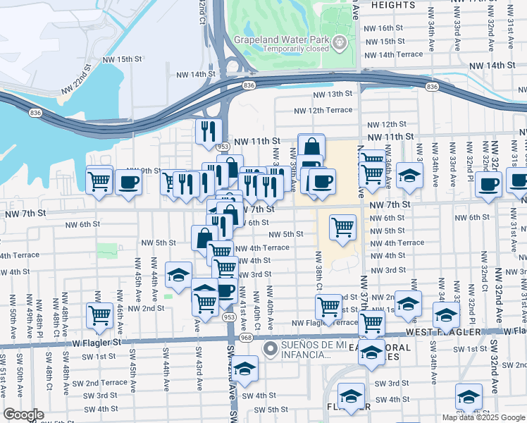 map of restaurants, bars, coffee shops, grocery stores, and more near 4000 Northwest 7th Street in Miami