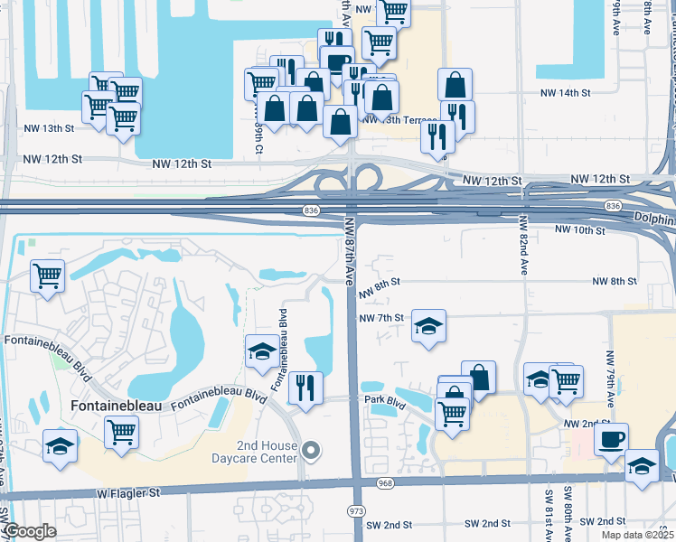 map of restaurants, bars, coffee shops, grocery stores, and more near 854 Northwest 87th Avenue in Doral