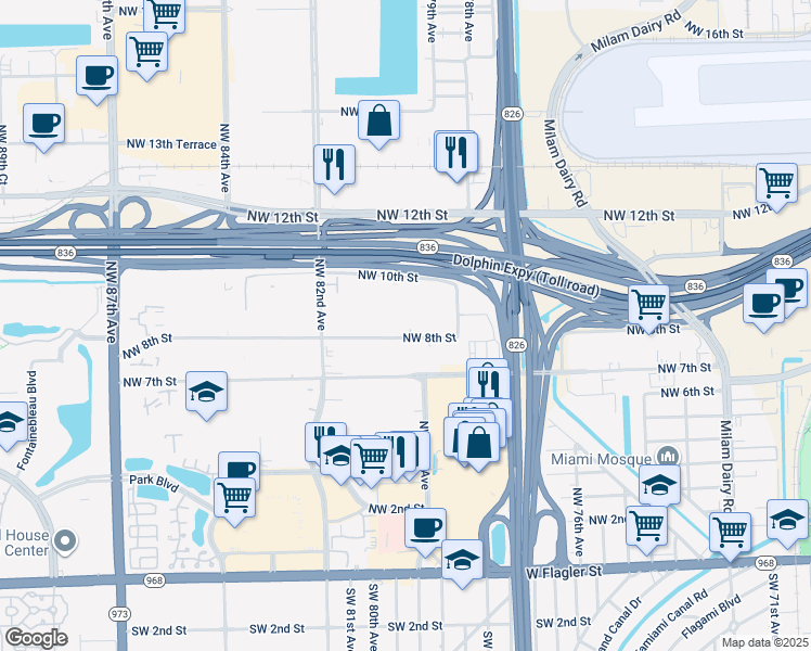 map of restaurants, bars, coffee shops, grocery stores, and more near 8027 Northwest 8th Street in Miami