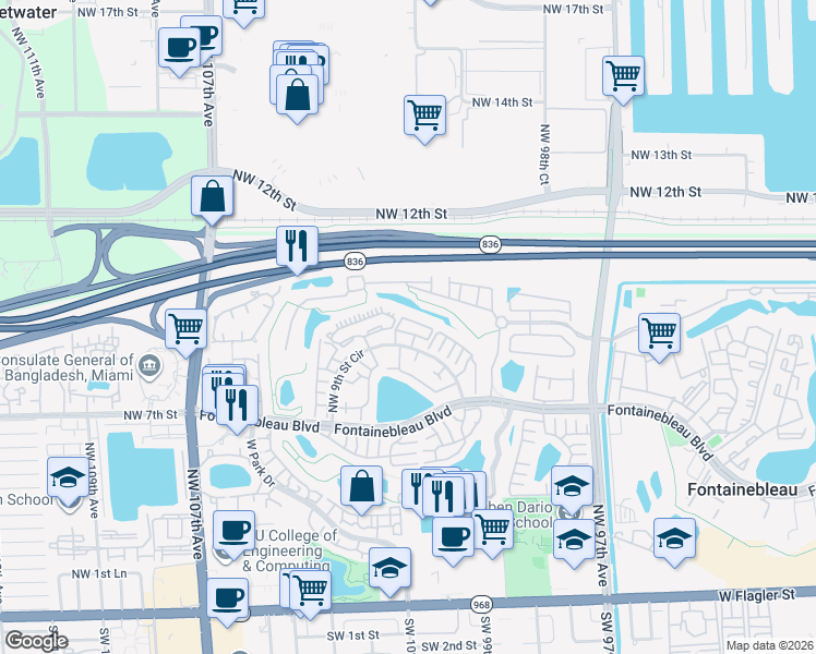 map of restaurants, bars, coffee shops, grocery stores, and more near 10155 Northwest 9th Street Circle in Miami