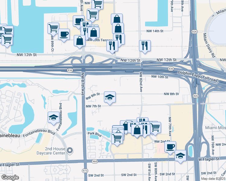 map of restaurants, bars, coffee shops, grocery stores, and more near 8425 Northwest 8th Street in Miami