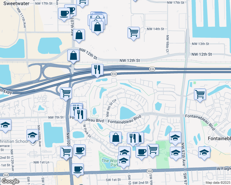 map of restaurants, bars, coffee shops, grocery stores, and more near 10255 Northwest 9th Street Circle in Miami