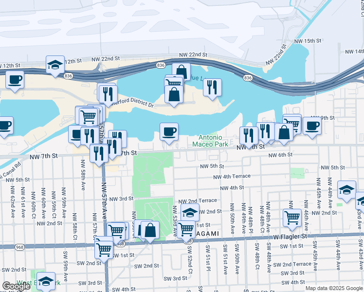 map of restaurants, bars, coffee shops, grocery stores, and more near 5249 Northwest 7th Street in Miami