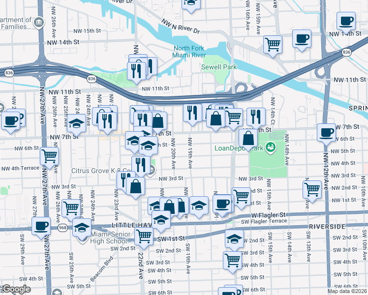 map of restaurants, bars, coffee shops, grocery stores, and more near 1937 Northwest 6 Street in Miami