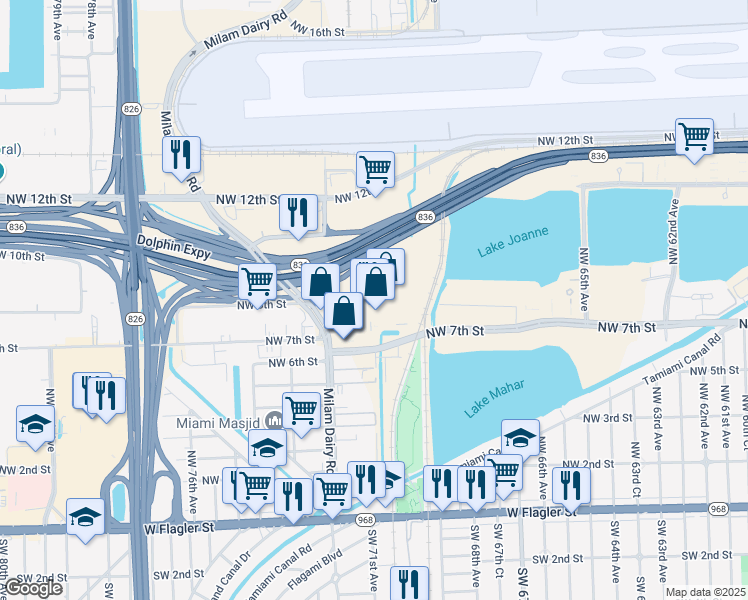 map of restaurants, bars, coffee shops, grocery stores, and more near 755 Northwest 72nd Avenue in Miami