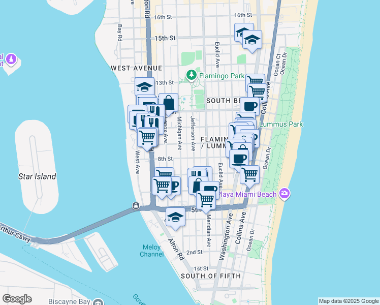 map of restaurants, bars, coffee shops, grocery stores, and more near 840 Jefferson Avenue in Miami Beach