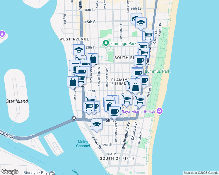 map of restaurants, bars, coffee shops, grocery stores, and more near 840 Jefferson Avenue in Miami Beach