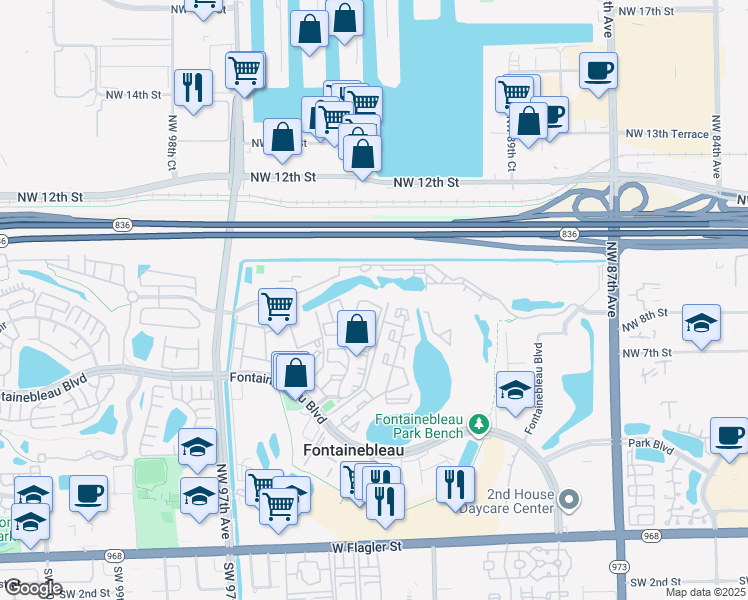 map of restaurants, bars, coffee shops, grocery stores, and more near 9603 Fontainebleau Boulevard in Miami