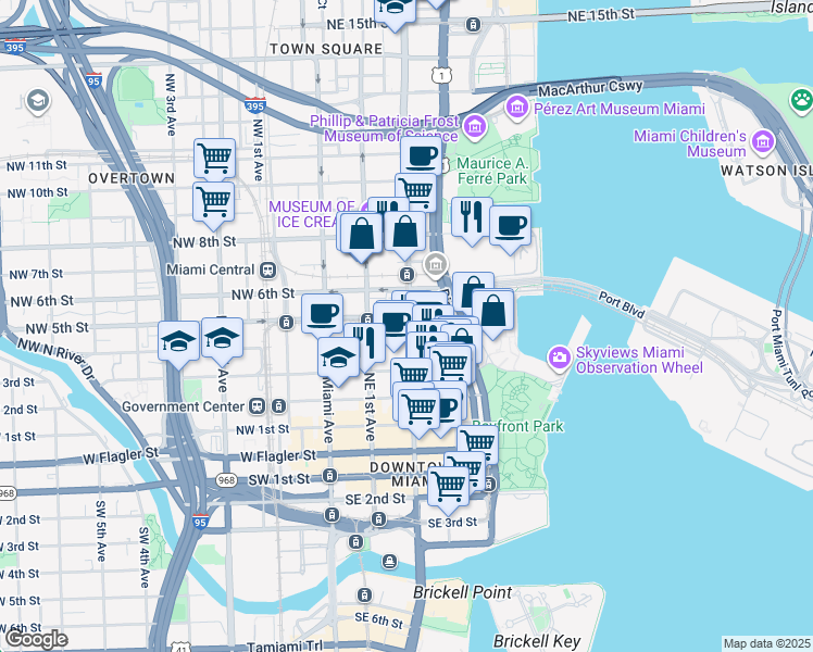 map of restaurants, bars, coffee shops, grocery stores, and more near 215 Southwest 5th Avenue in Miami