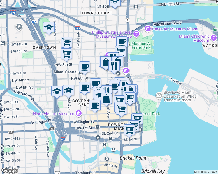 map of restaurants, bars, coffee shops, grocery stores, and more near 7 Northeast 5th Street in Miami