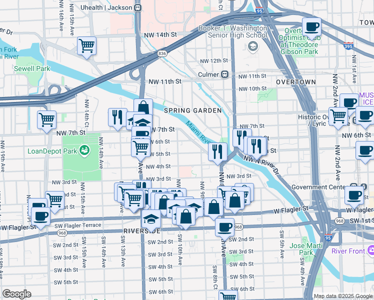 map of restaurants, bars, coffee shops, grocery stores, and more near 970 Northwest 6 Street in Miami